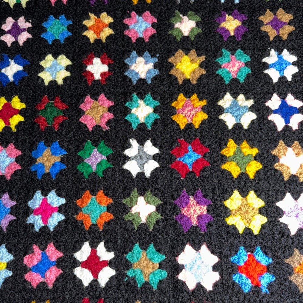 Handmade Crochet Granny Square Blanket Vintage Black Multi Starburst 56x50 Throw